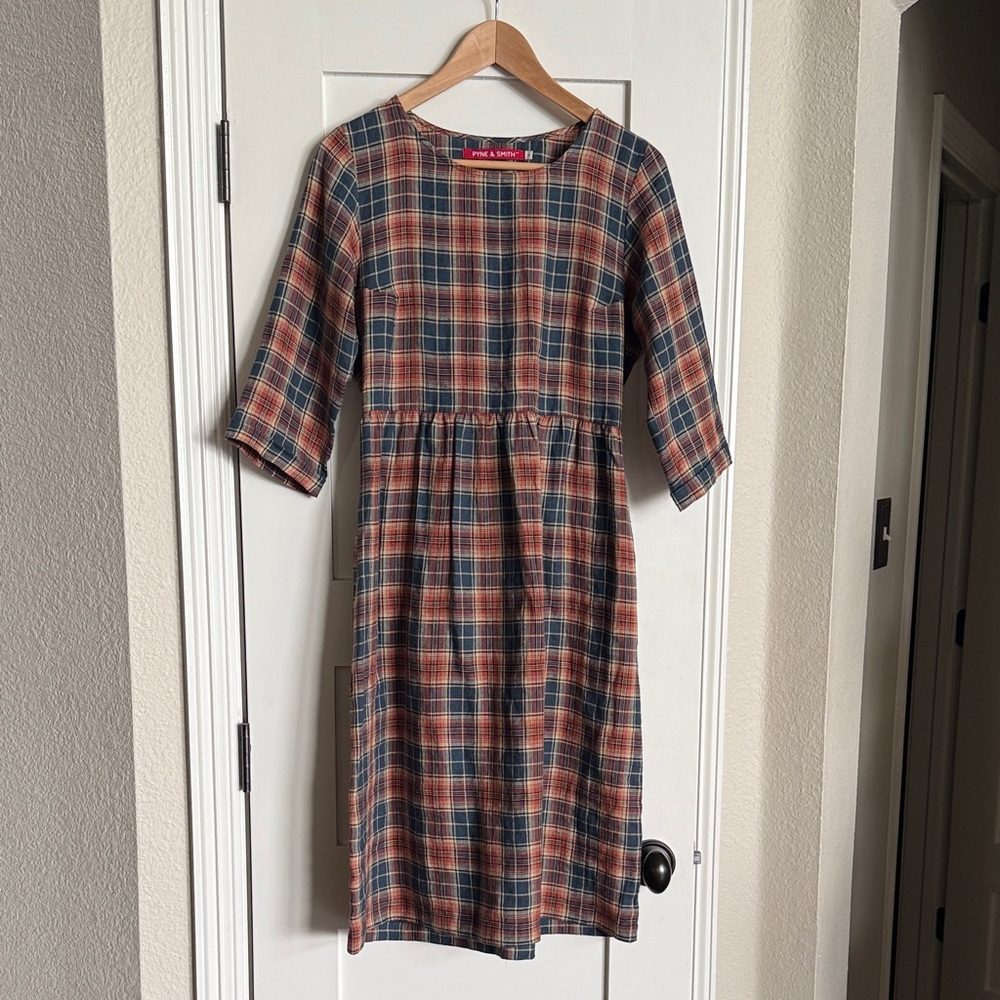 Pyne & Smith No.19 Midi linen dress in Margate plaid. From fragrance free home.